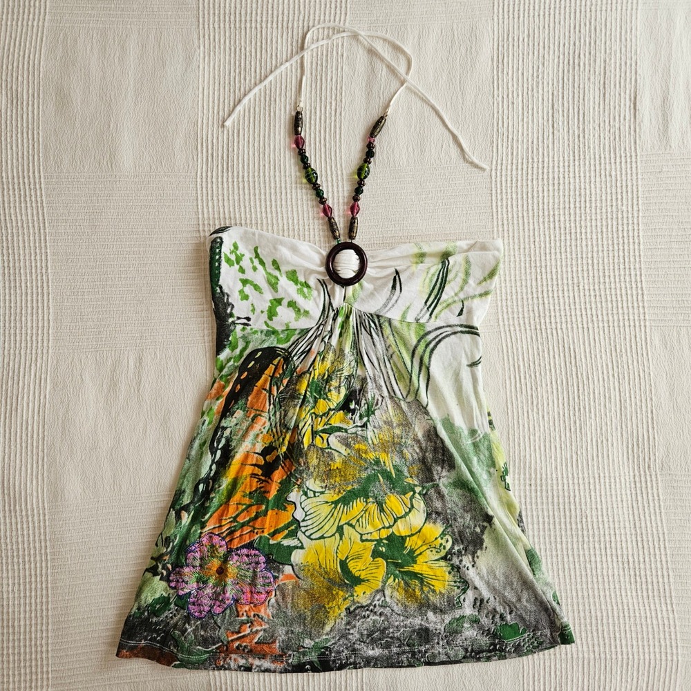 Buffalo David Bitton Y2K Beaded Halter Top Floral Butterfly Embroidered Women M